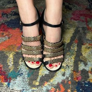Chanel Black Leather and Gold Chain Heels